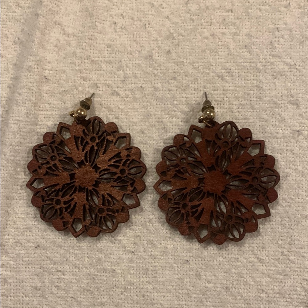 Brown Floral Cutout Wood Earrings